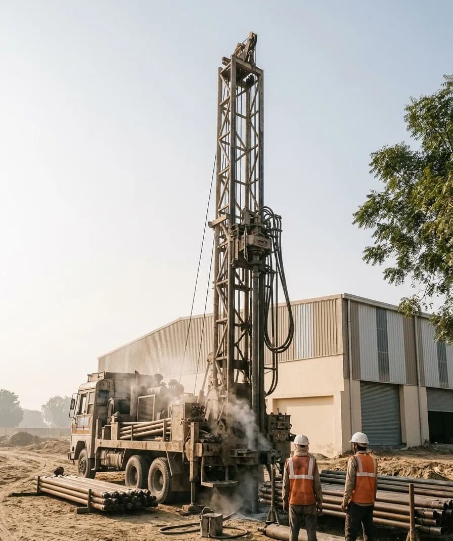 Truck-mounted drilling rig at work beside a factory shed, two workers watching